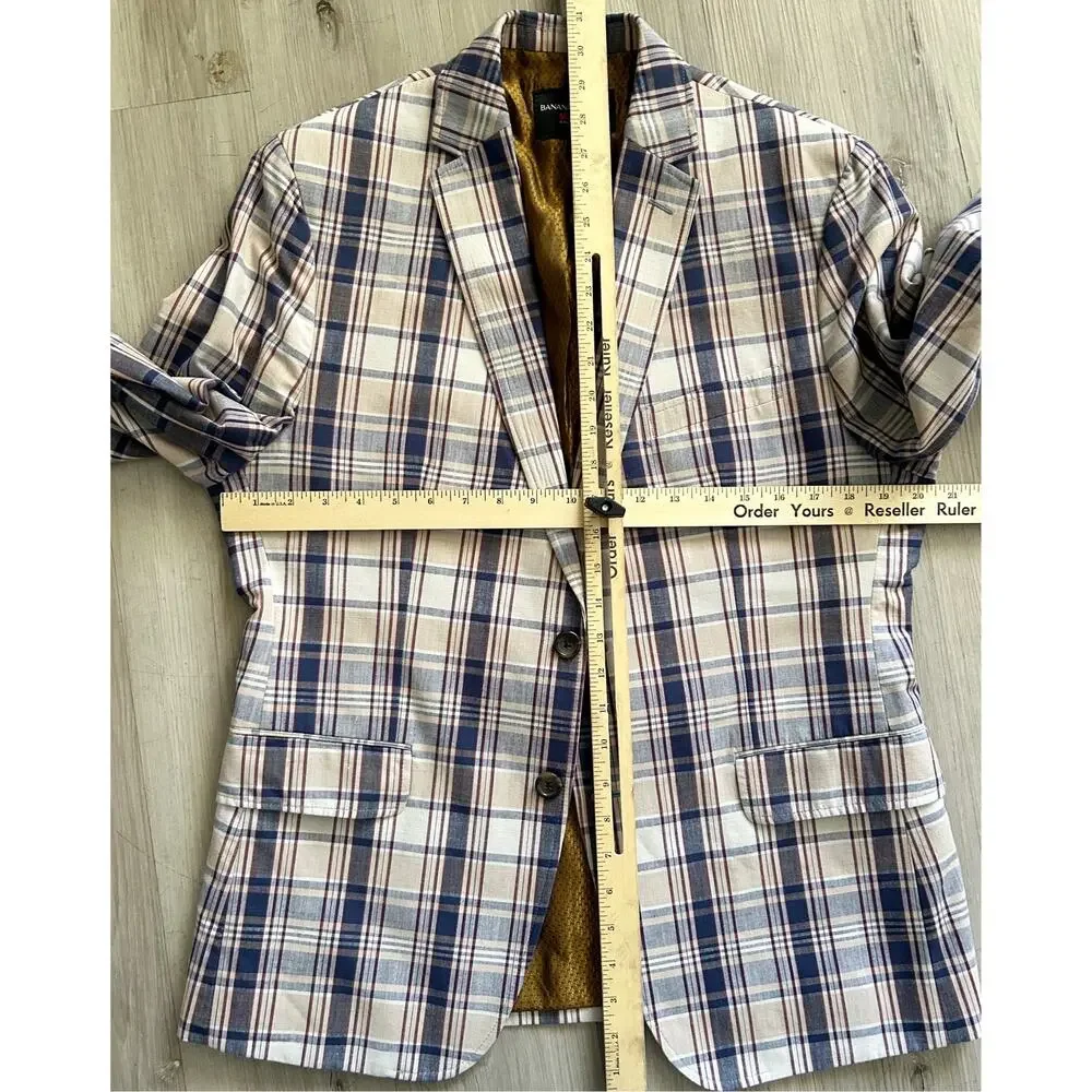 Banana Republic Mad Men Collection Suit Coat/Jacket Blues/Beige Multi Plaid 40S